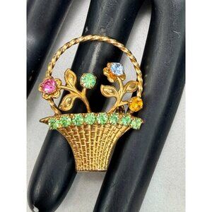 Vintage Flower Basket Rhinestone Brooch Colorful Floral Pin